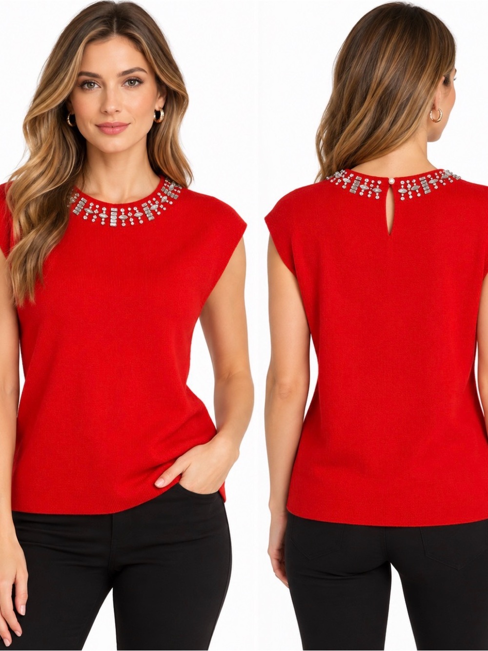 Tahari 100% Cashmere Red Jeweled Rhinestone Sweater Top XL